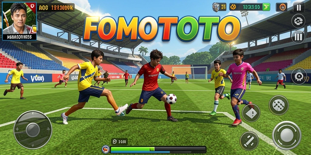 Tangkapan layar FOMOTOTO menampilkan aksi seru dalam permainan olahraga.