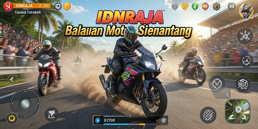 Tampilan gameplay menegangkan di IDNRAJA dengan balapan motor yang cepat.