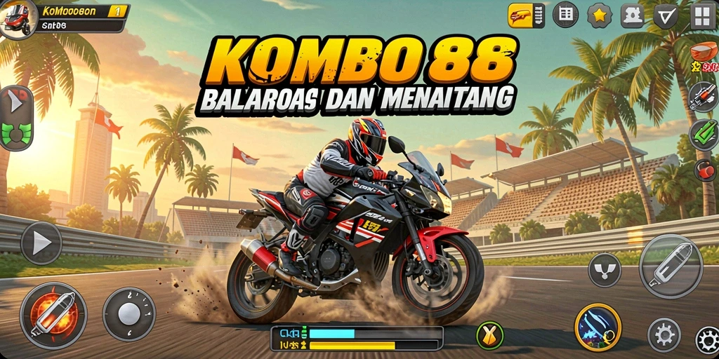 Screenshot utama KOMBO88 menampilkan aksi balapan motor yang intens.