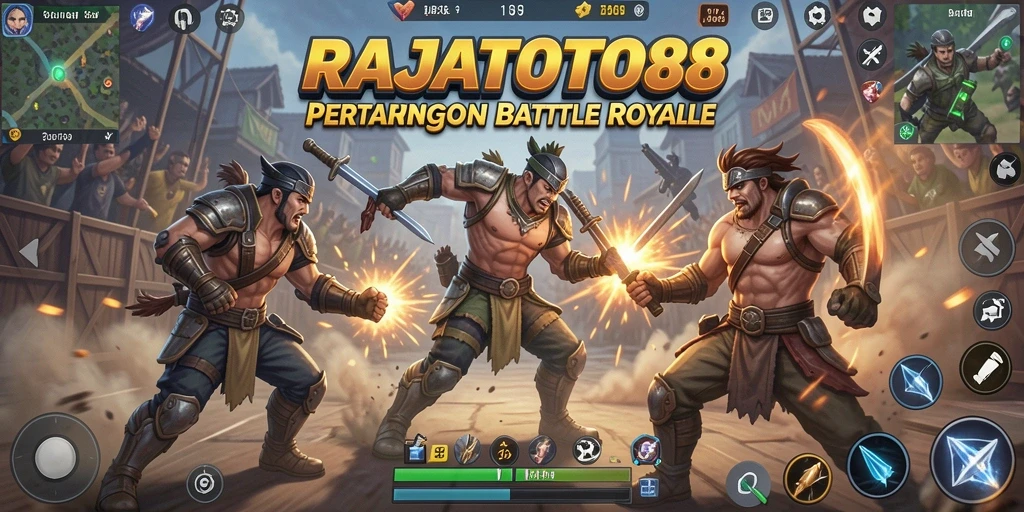 Screenshot utama menampilkan aksi seru dalam game Battle Royale.