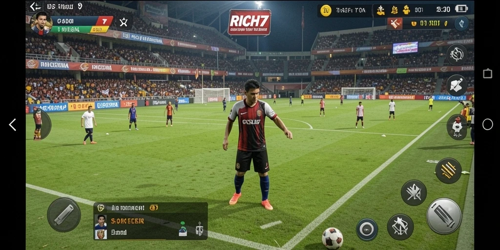 Tampilan gameplay RICH7 yang menunjukkan aksi di lapangan sepak bola.