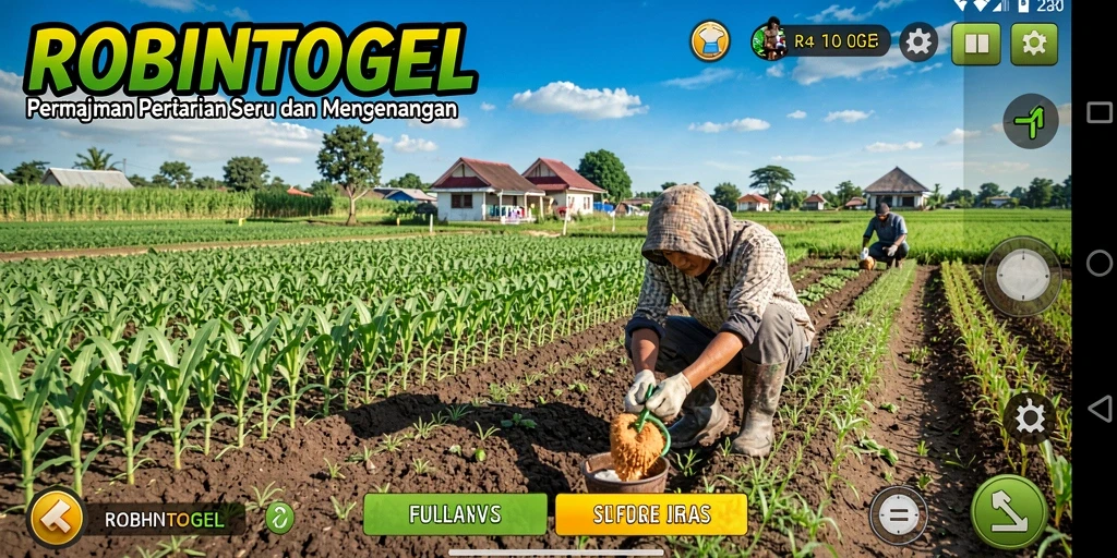 Tampilan gameplay ROBINTOGEL dengan ladang subur dan hewan ternak.