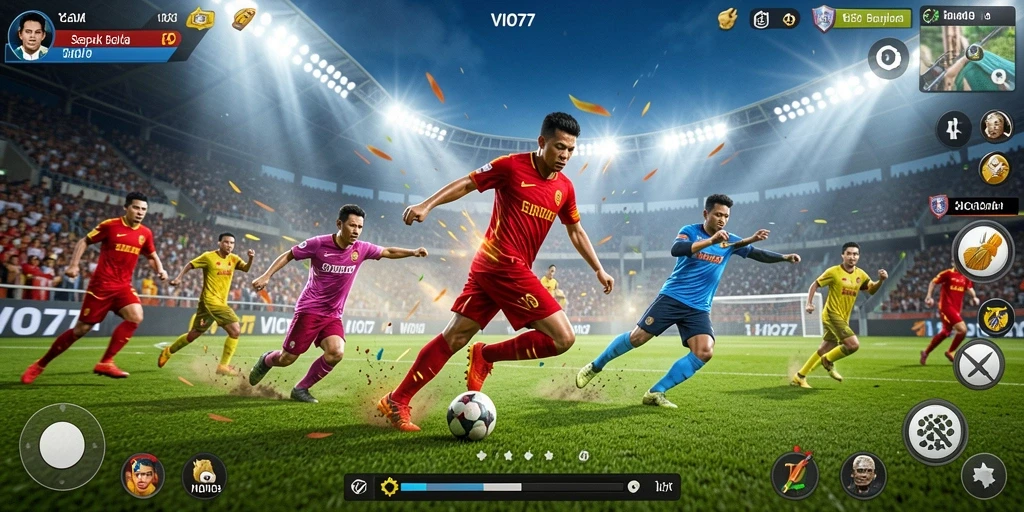 Screenshot VIO77 menampilkan aksi intens sepak bola dalam permainan.