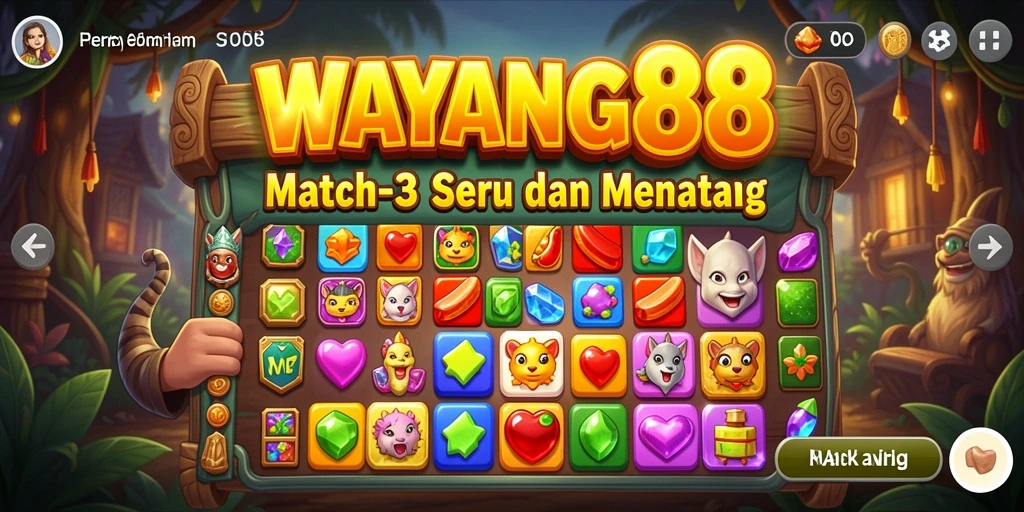 Tangkapan layar utama dari gameplay seru WAYANG88 yang menampilkan kombinasi karakter match-3.