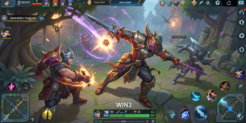 Screenshot gameplay WIN33 menunjukkan pertarungan tim yang seru dan strategis.
